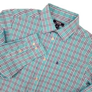 IZOD 18 Plaid Long Sleeve Button Down Shirt Kids Preppy Classic Teal Navy